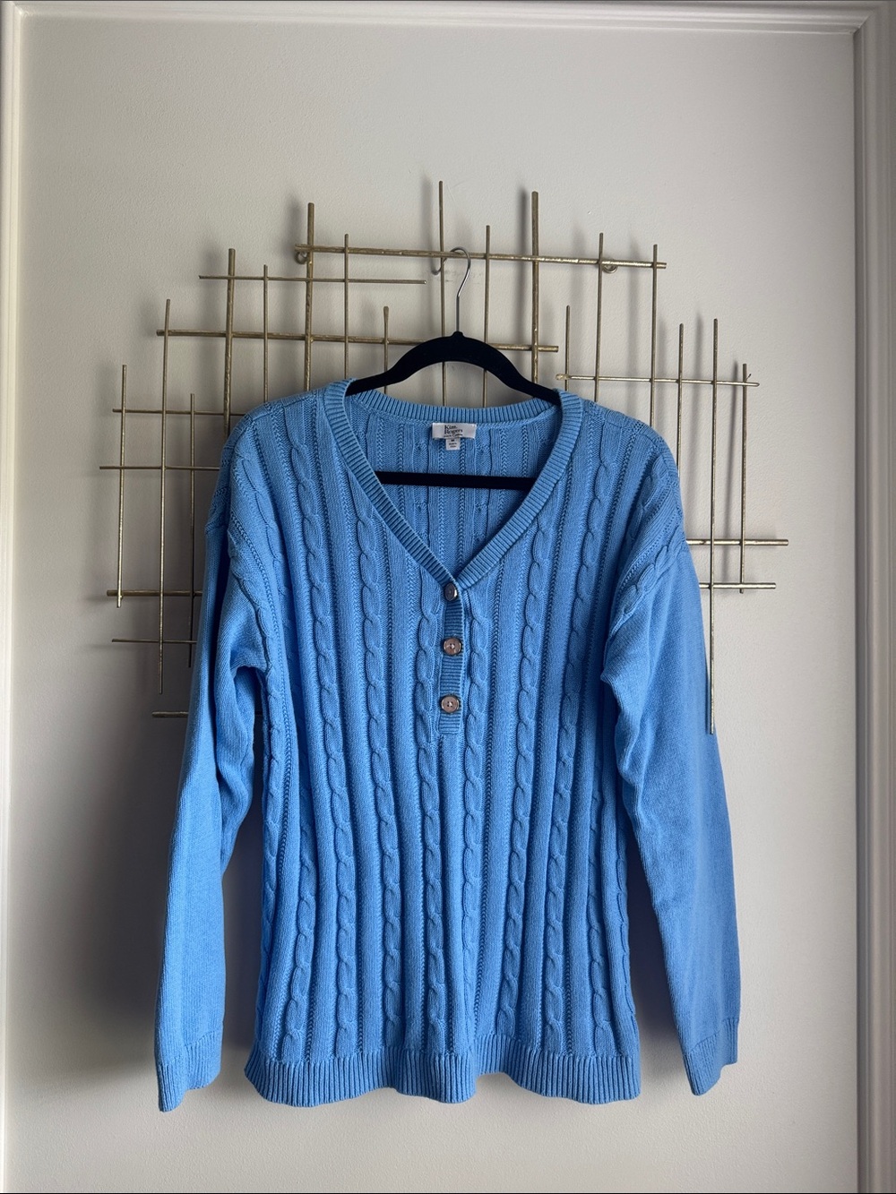 Kim Rogers Light Blue Cable-Knit V-Neck Sweater with Button Placket